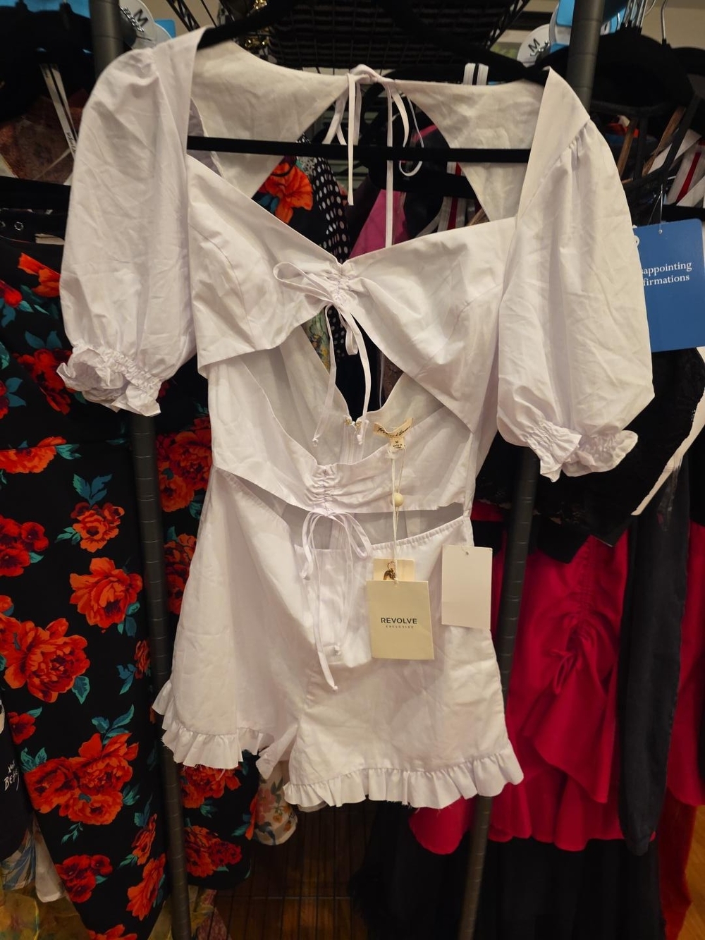 For Love And Lemons X REVOLVE White Puff Sleeve Tie-Back Romper with Ruffle Hem